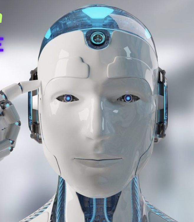 face of human-like robot, made of white and blue plastic