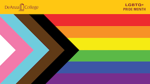 LGBTQ Pride flag with De Anza College logo in the upper left corner