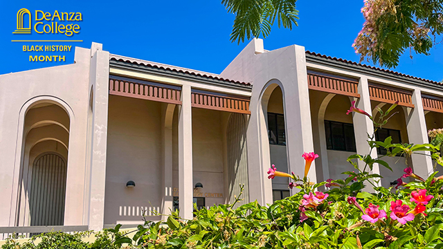 View of Advanced Technology Center with De Anza College logo and Black History Month in the upper left corner