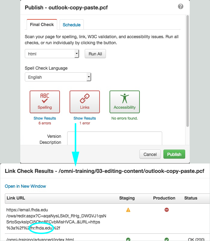 Using Links check to detect bad links