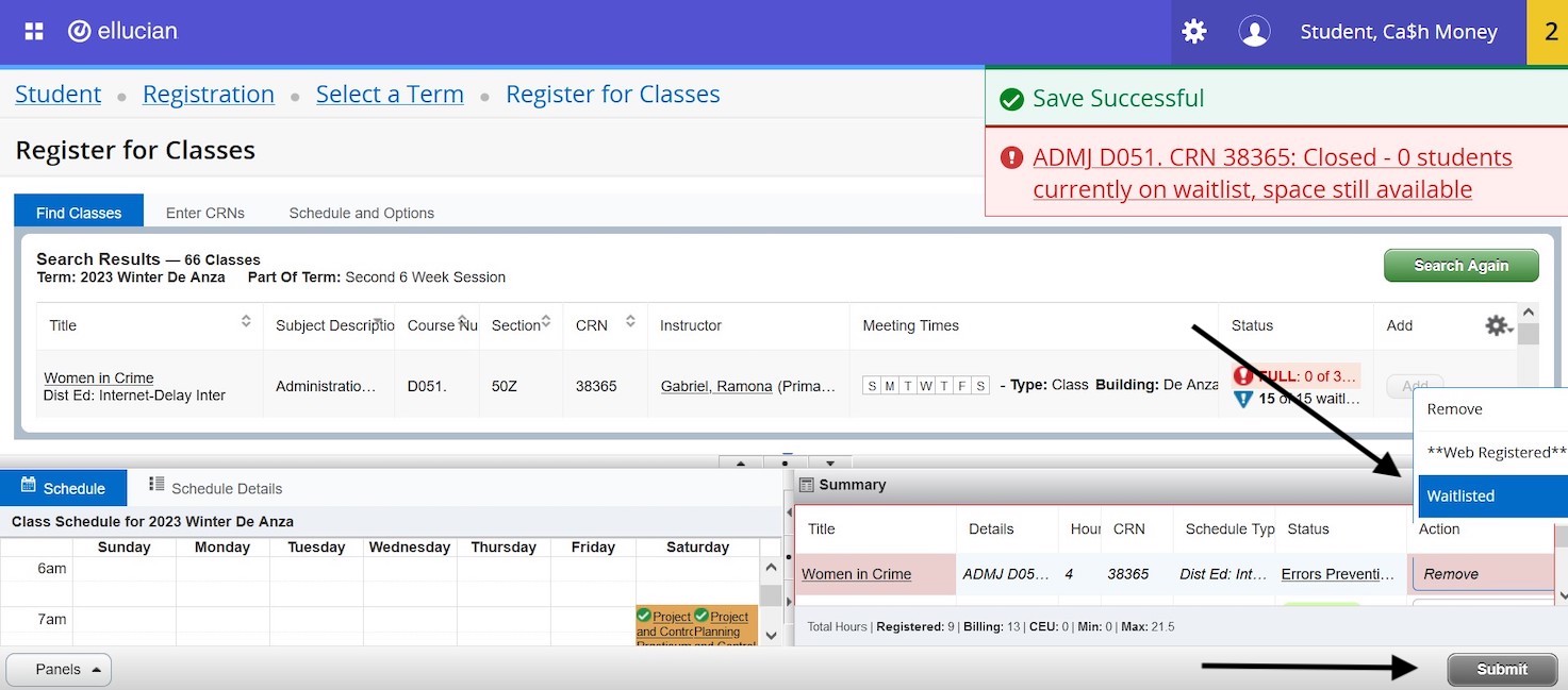 selecting waitlisted, then submit